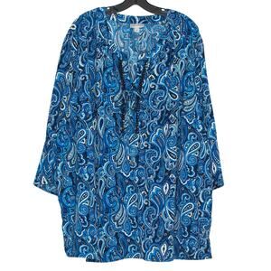 Boho Paisley Tunic Top Lace Up Flowy 3/4 Sleeve Blue Catherines Plus Size 4X